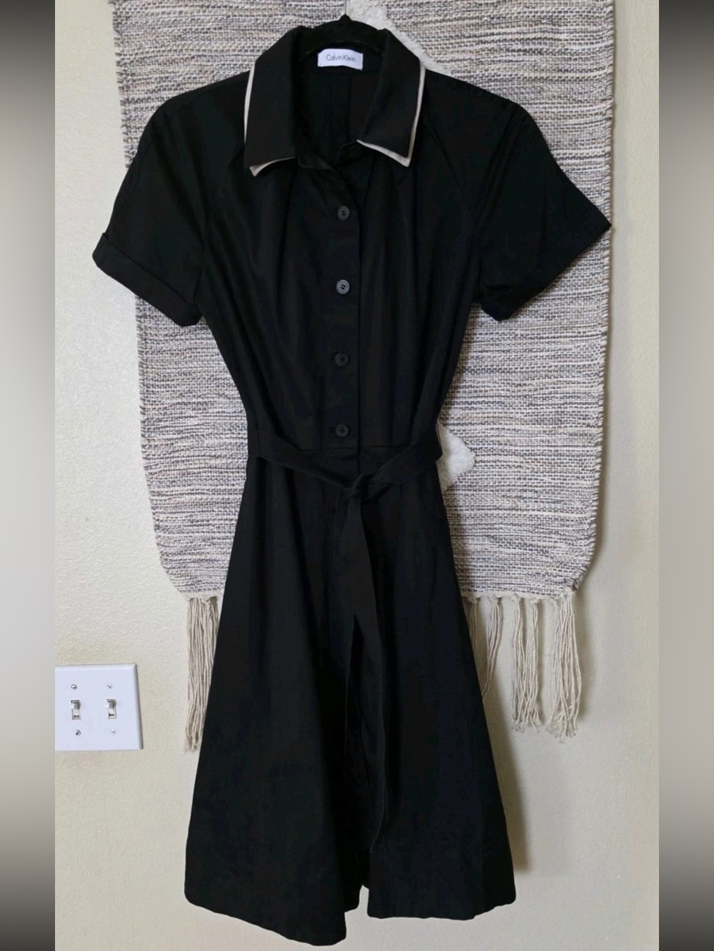 Calvin Klein Black Midi Shirt Dress with White Trim